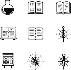 Collection of education and exploration icons including books flask calculator and compasses in black and white