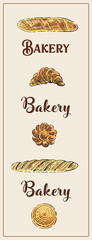 Illustration in a graphic style: a symmetrical composition of baked goods. Includes a loaf, bread, buns, croissants, and baguettes. For a bakery or bread shop sign or poster design.