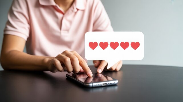 Person uses smartphone with heart reactions, representing feedback and interaction on social media platforms. It symbolizes digital communication
