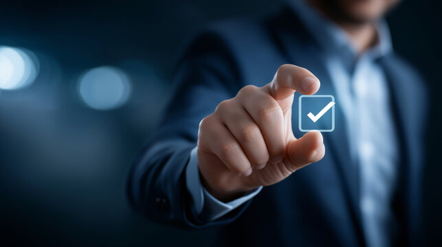 Faceless businessman showing online document validation interface icon quality assessment management checklist business evaluation process market data report analysis