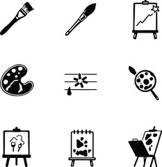 Collection of artistic tools and creations depicted in a grid pattern on a white background