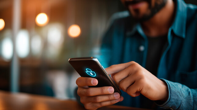 Close up faceless man using smartphone with virtual password input interface login button authentication secure mobile access control user verification cybersecurity protection