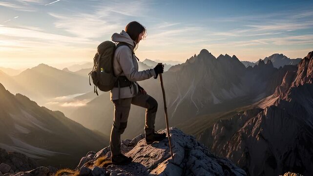 Woman Hiking Scenic Mountain Peak at Sunset With Backpack and Walking Stick