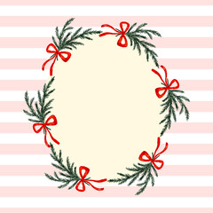 Festive Christmas frame with evergreen boughs and ribbon bows. Pink stripes, bows, evergreens. Clip art.