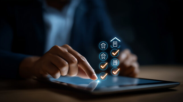 Faceless businessman using digital tablet with virtual property documents interface checklist icons verification real estate technology platform online mortgage system smart