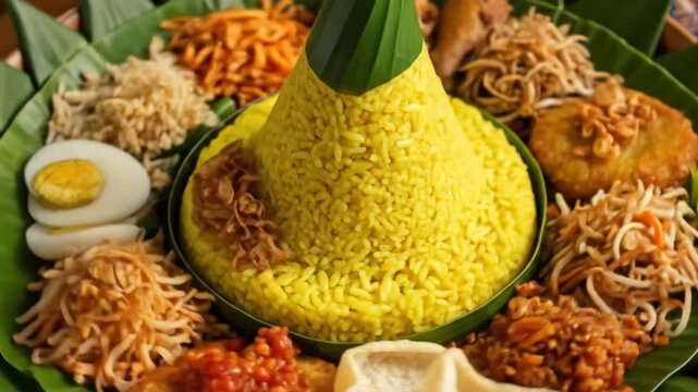 Close-up of Indonesian Nasi Tumpeng Festive Rice Dish with Side Dishes