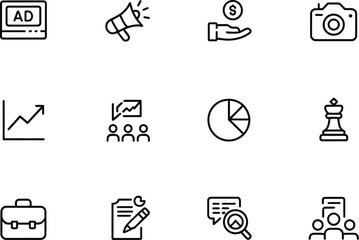 Various business and marketing icons arranged in a grid on a white background design concept