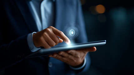 Close up faceless businessman using digital tablet with hologram security lock icon overlay cybersecurity concept data protection encryption AI technology security online