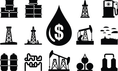 Black and white oil industry icons including rigs barrels gas pumps and a dollar sign drop design 100