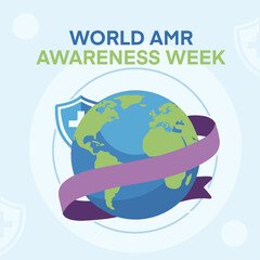 World AMR Awareness Week illustration with earth and ribbon around it for greetings, cards, design materials and social media publications