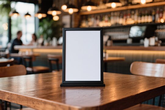 A blank tabletop sign holder rests gracefully on a polished wooden table in a contemporary dining space ambiance