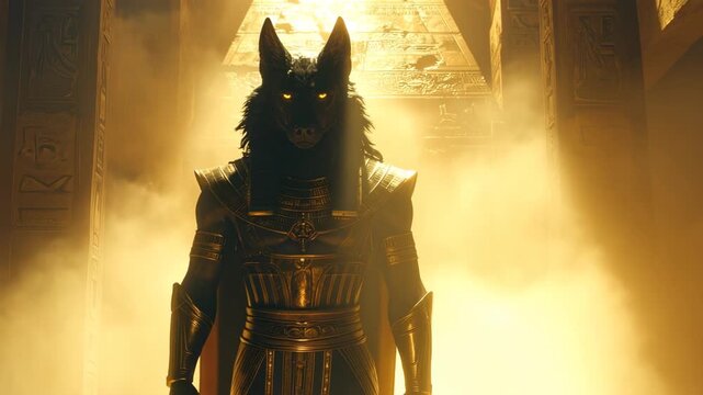 Anubis, the Jackal-Headed Guardian, Standing Inside an Egyptian Pyramid with Torchlight and Golden Dust