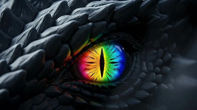 Close up of a dragon eye with vibrant multicolored iris and dark textured scales