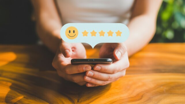 Customer feedback rating a positive experience using a smartphone. The scene showcases an individual's hands holding a phone displaying a speech bubble with a smiley face and star icons.