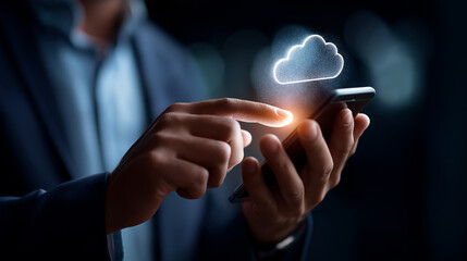Faceless businessman touching smartphone with virtual cloud computing icon overlay digital data network connection cloud storage technology big data management cybersecurity