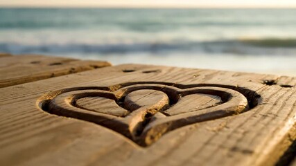 Carved wooden hearts rest on a weathered plank by the ocean. Golden light illuminates this symbol of enduring beach love.