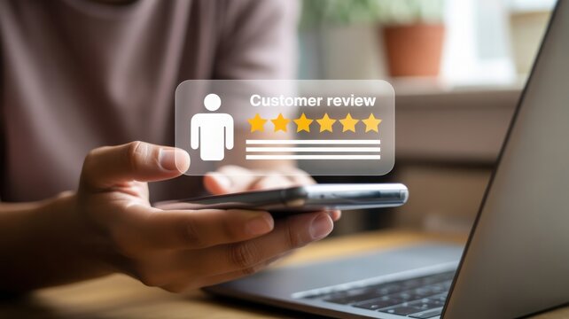 A person checking customer feedback ratings on their phone, indicating customer satisfaction