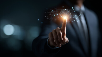 Futuristic holographic interface with AI technology visualization faceless businessman interacting with virtual artificial intelligence symbol on dark defocused background