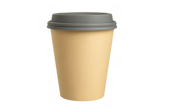 Coffee paper cup with lid on transparent background, takeaway hot beverage for morning break