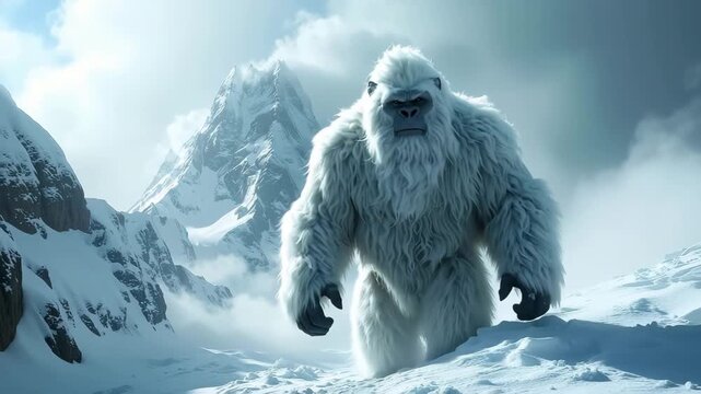 The Yeti, a White-Furred Humanoid in a Snowy Mountain Landscape with Mist and Realistic Fur Texture
