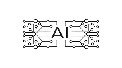 A black and white illustration of ai with connected nodes and circuit board design