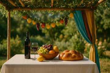Festive Sukkot table under sukkah canopy with fruits and wine, Jewish harvest holiday