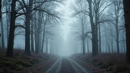Eerie fog rolling through dark, mysterious forest creating dramatic scene for horror film backdrop or suspenseful game environment, perfect for cinematic effect