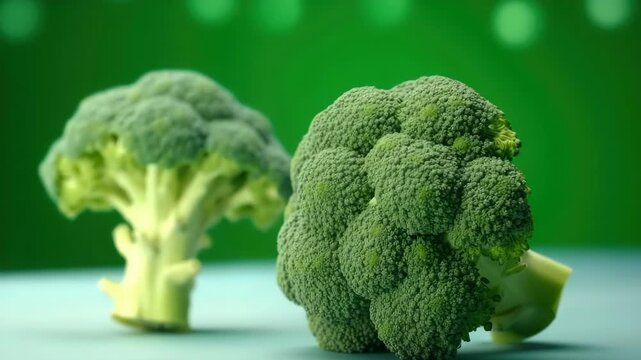 Fresh green broccoli florets with stems in soft focus against a vibrant green background with blurred lights