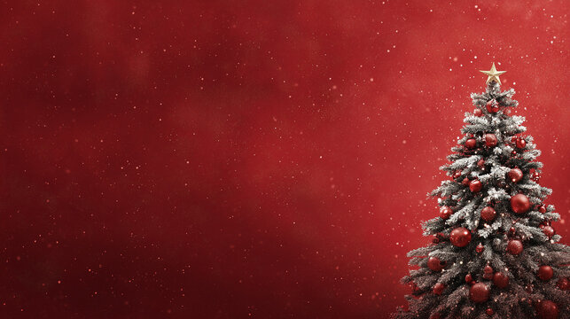 &Aacute;rvore de Natal decorada com luzes e ornamentos coloridos em fundo vermelho vibrante, criando clima festivo e aconchegante