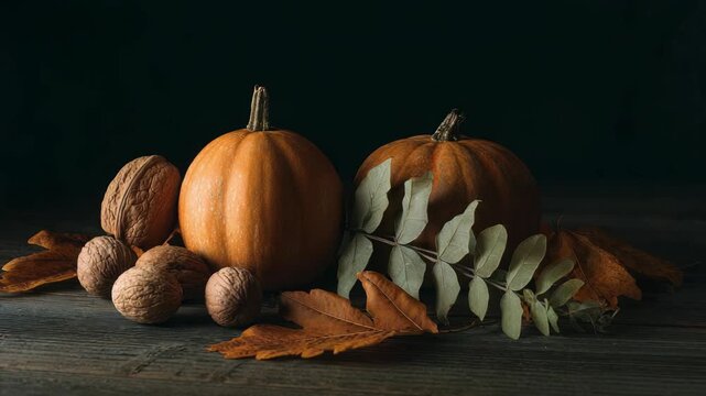 Two pumpkins with walnuts and autumn leaves on a wooden table. A dark background enhances the warm, rustic feel of the fall harvest scene