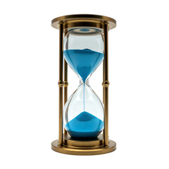 Golden hourglass with flowing blue sand isolated on a transparent background time
