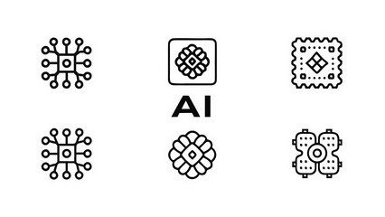 A collection of ai related icons including circuit boards and floral designs arranged neatly