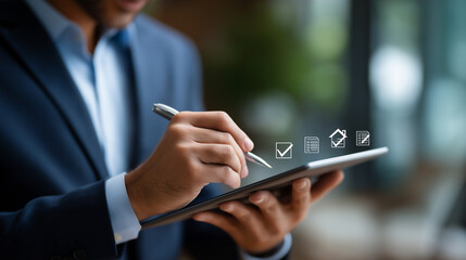 Faceless businessman using digital tablet with virtual property documents interface checklist icons overlay real estate technology online mortgage platform smart contract