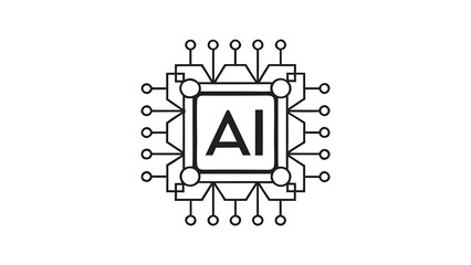 A black and white illustration of an ai chip with connections on a white background