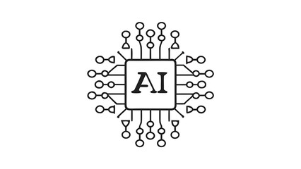 Black and white ai chip illustration with connections on a white background