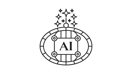 A black and white ai logo with stars above an oval shape and a rectangle inside it