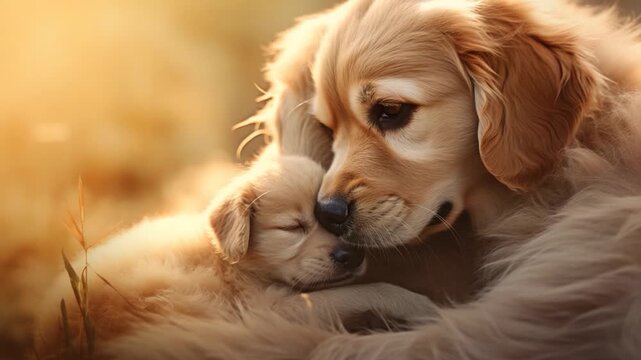 Puppy and mother dog snuggling affectionately
