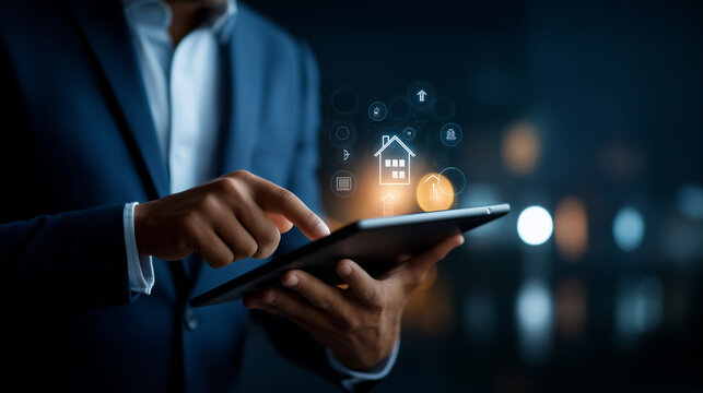 Faceless businessman using digital tablet with virtual property documents interface checklist icons overlay real estate technology online mortgage platform smart contract