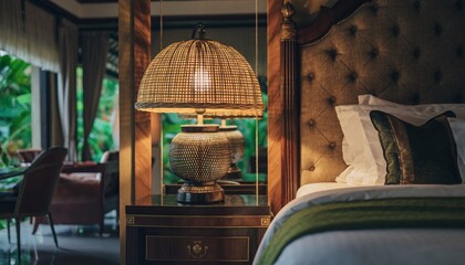 Bedroom interior with wicker lamp and bed