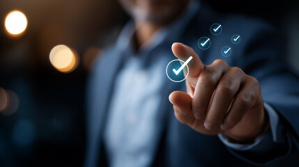 Faceless businessman presenting online document validation icon interface quality assessment management checklist business evaluation process market data report analysis consul