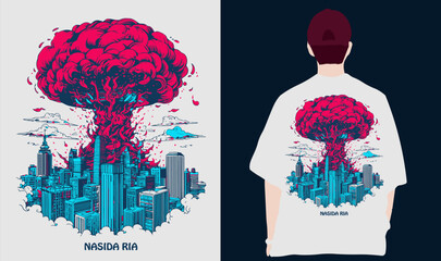 Nuclear explosion in the city. The atomic bomb, the explosion of the flaming mushroom cloud bomb, and the destruction of war. Apocalypse detonation, dangerous war vector illustration.