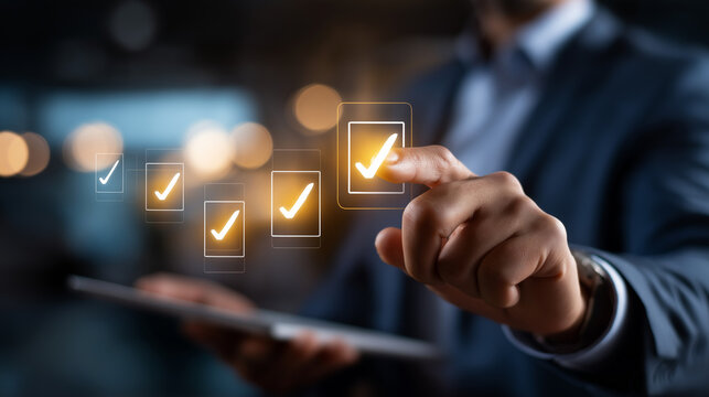 Faceless businessman presenting online document validation icon interface quality assessment management checklist business evaluation process market data report analysis consul