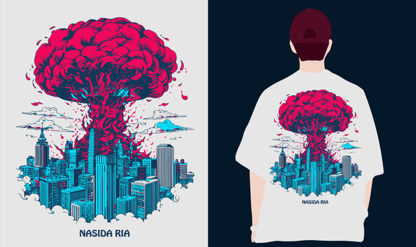 Nuclear explosion in the city. The atomic bomb, the explosion of the flaming mushroom cloud bomb, and the destruction of war. Apocalypse detonation, dangerous war vector illustration.