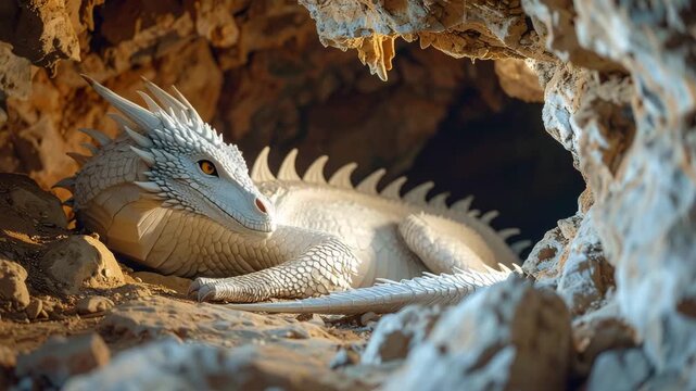 Majestic White Dragon Sleeping Peacefully in a Dark Cave, Fantasy and Mythology
