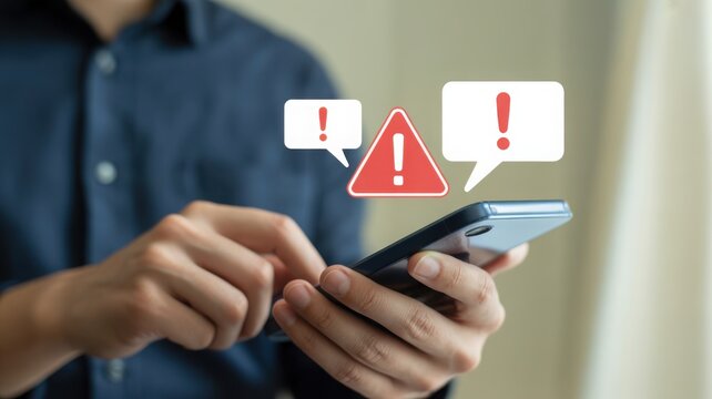 A person is holding a smartphone, with three alert icons floating around the device, showing warning signs. The scene may be depicting a security breach