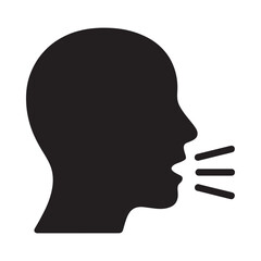 Silhouette of a human head profile speaking or vocalizing with sound waves