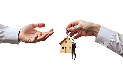 Handing over house keys with wooden charm isolated on a transparent background giving