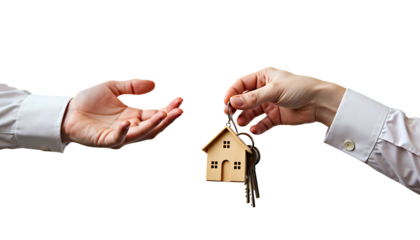 Handing over house keys with wooden charm isolated on a transparent background giving