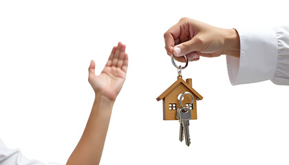 Hand holding house keys offering to another hand isolated on a transparent background