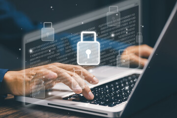 A businessman typing on a laptop with virtual padlock icons and binary code, symbolizing data protection, cybersecurity, and secure information technology systems.